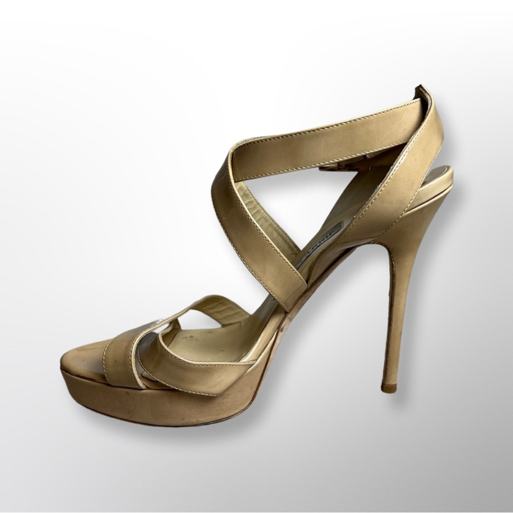 Jimmy Choo Beige Patent Leather Vamp Platform Sandals